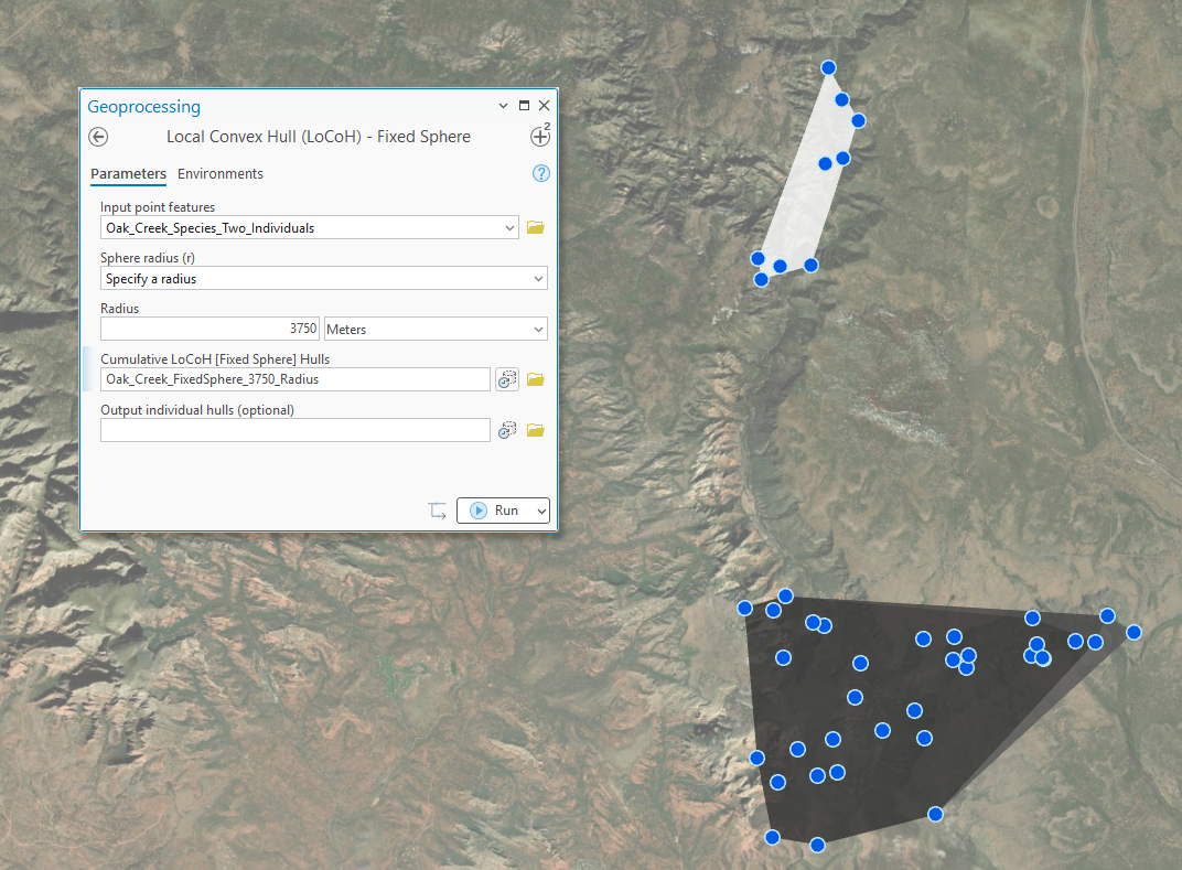 The same geoprocessing pane with the radius specified as 3,750 meters, beside aerial imagery where the hulls have merged into two large smooth polygons, one around each individual's cluster of locations