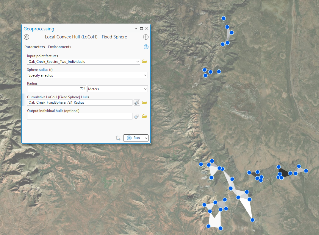 The LoCoH Fixed Sphere geoprocessing pane with the radius specified as 724 meters, beside aerial imagery where the cumulative hulls form many small tight polygons hugging each knot of the two individuals' locations