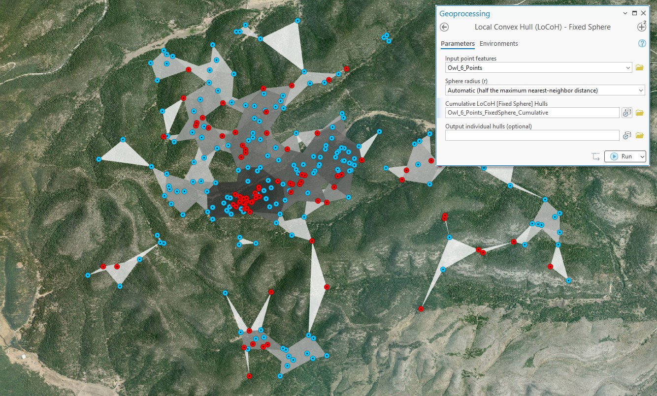 The Fixed Sphere LoCoH geoprocessing pane with Owl 6 points as input and the automatic radius option chosen, beside aerial imagery where the hulls form a sparse stringy network of small polygons connecting the owl's location clusters