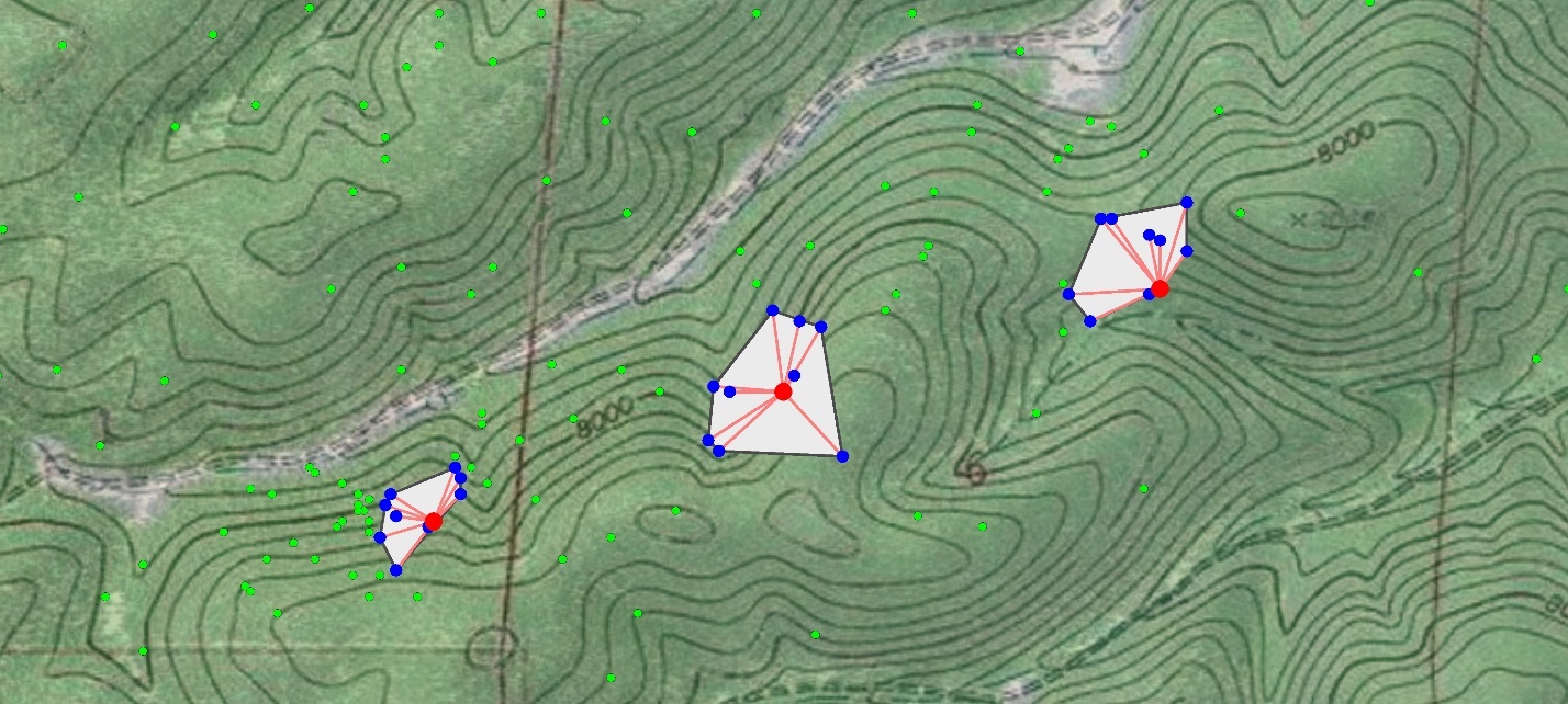The same aerial photo with the same three focal points, each now connected to only its 10 nearest neighbors, producing visibly smaller convex hulls