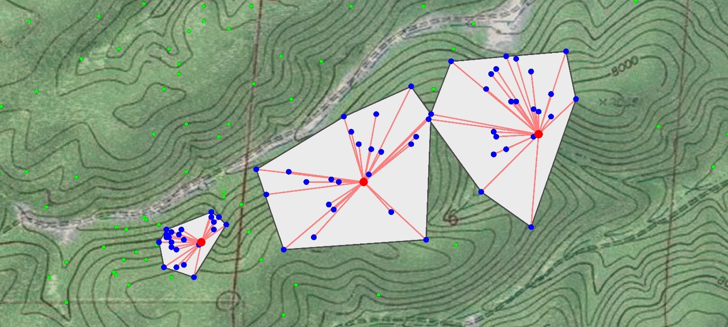 An aerial photo with three example focal points in red, each connected by red rays to its 25 nearest neighbors in blue, each cluster wrapped in its own white convex hull; a small hull where points are dense and two larger hulls where they spread out