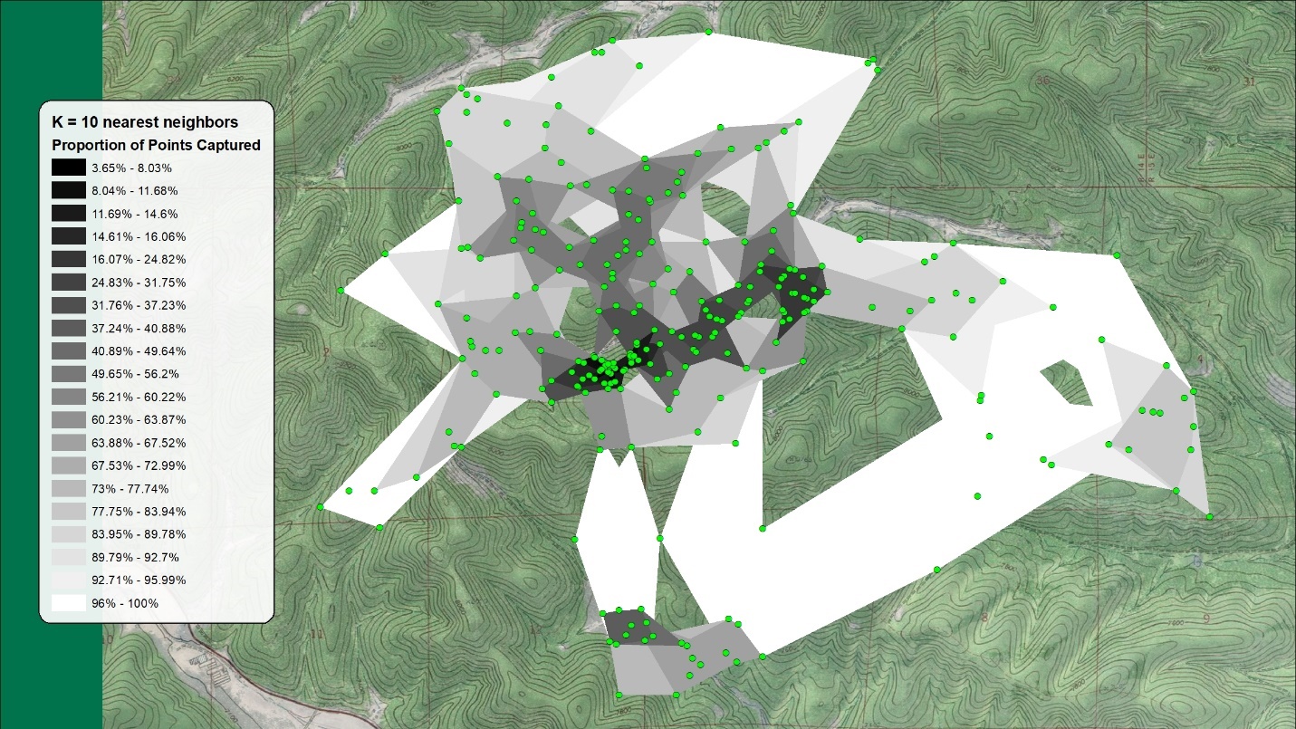 The same shaded proportion-captured map built at k equals 10, with tighter shading, more openings at the edges, and holes inside the range