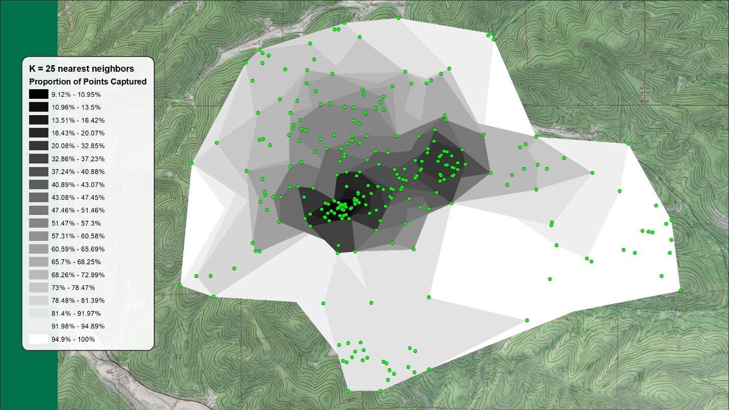 The owl's range shaded from black in two core areas through grays to white at the boundary, with green location dots on top and a legend of proportion-captured classes from about nine percent to one hundred percent, titled K equals 25 nearest neighbors