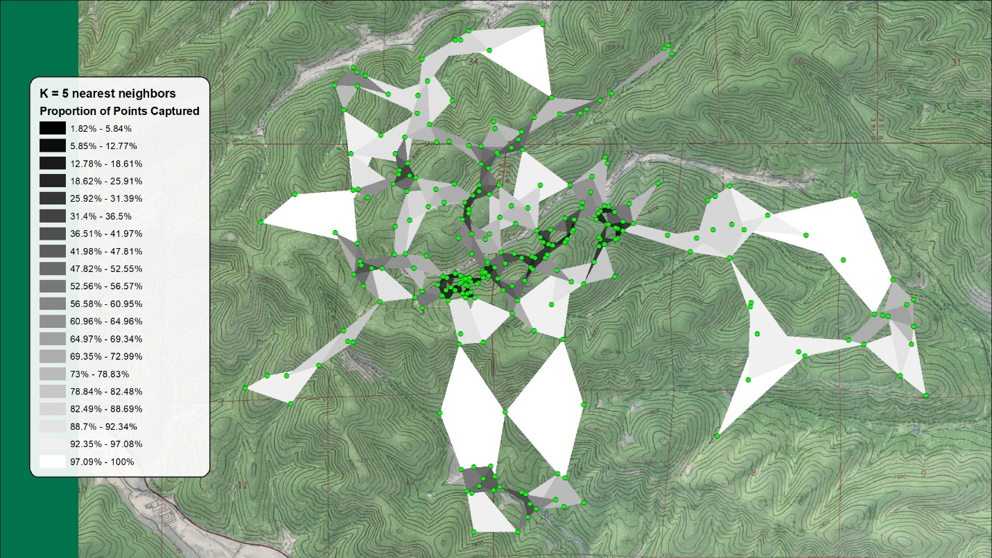 The proportion-shaded map built at k equals 5, fragmented into many small tight patches hugging each cluster of locations