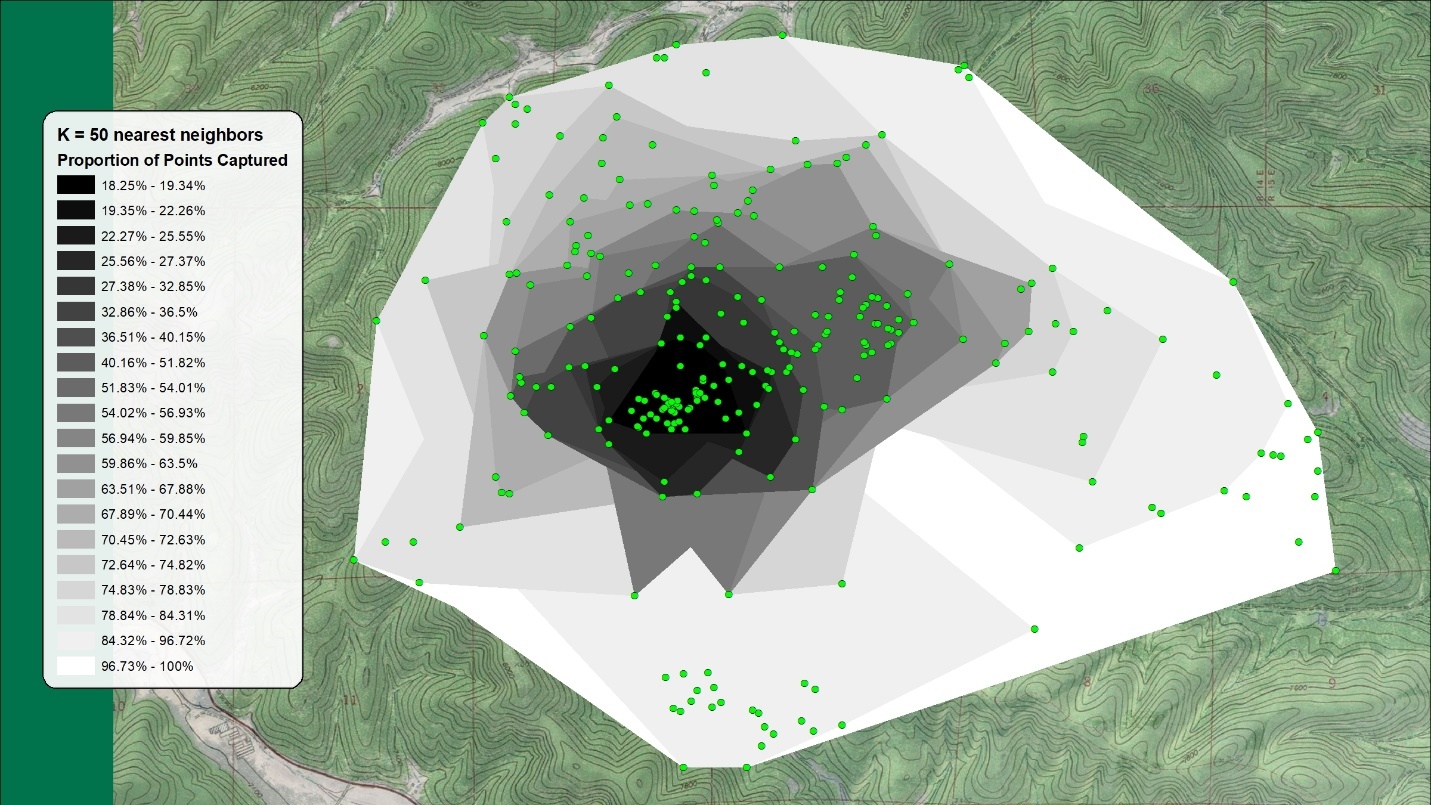 The proportion-shaded map built at k equals 50, nearly filling the original convex hull but still shaded darkest in the core areas