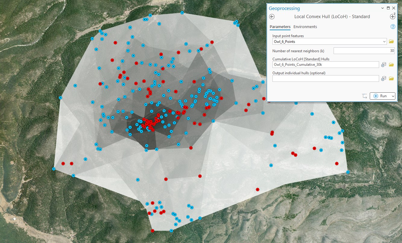 The Standard LoCoH geoprocessing pane with Owl 6 points as input and k set to 30, beside forested aerial imagery where the cumulative isopleths shade from nearly black core areas outward to a pale full range, with red day and blue night locations on top