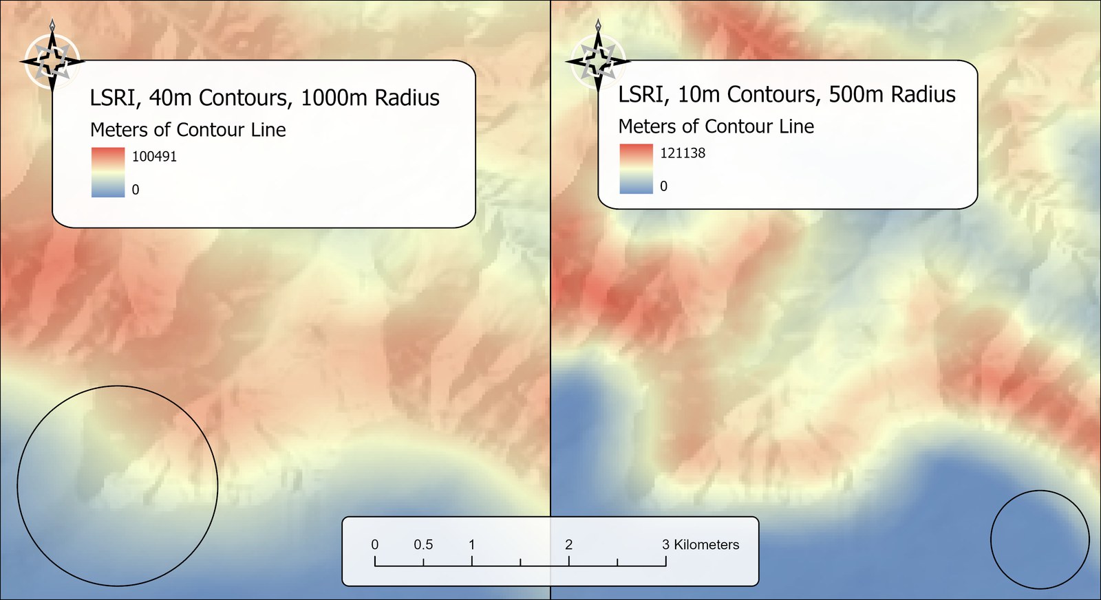 Two LSRI maps of the same area of the Grand Canyon side by side, both in a blue-to-red ramp over a hillshade. Left: 40-meter contours with a 1000-meter radius, values 0 to 100,491 meters, with a 2-kilometer circle drawn on the map showing the neighborhood. Right: 10-meter contours with a 500-meter radius, values 0 to 121,138 meters, with a 1-kilometer circle drawn on the map. The two maps show the same broad pattern, with the right one more sharply detailed. A scale bar runs from 0 to 3 kilometers.