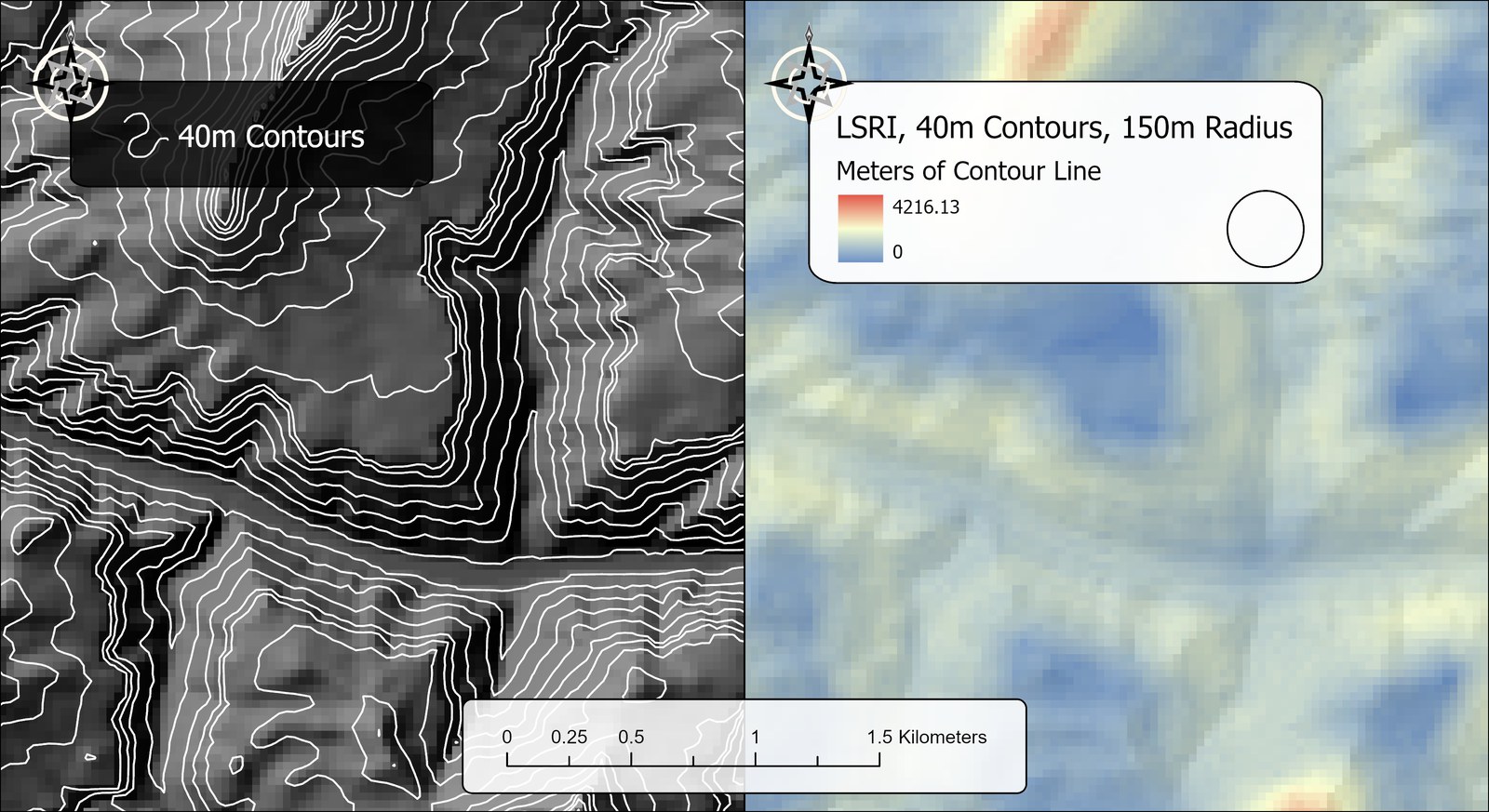 Two maps of the same stretch of the Grand Canyon floor side by side. Left: white 40-meter contour lines drawn over the gray 30-meter DEM, the lines stepping along the edges of the DEM's cells and crowding together on the steep ground. Right: the LSRI raster from those contours with a 150-meter radius, in a blue-to-red ramp from 0 to 4216 meters of contour line, with a small circle in the legend showing the size of the 150-meter neighborhood. A scale bar runs from 0 to 1.5 kilometers.