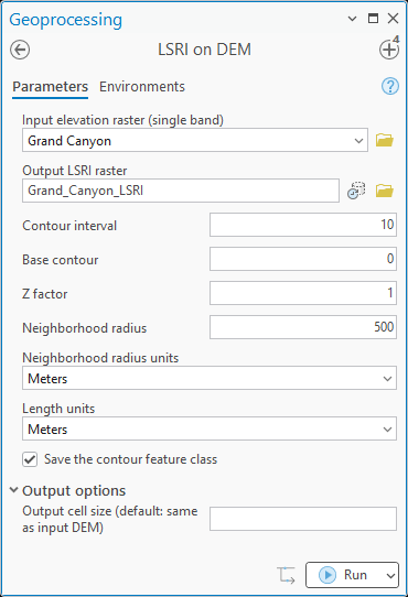 The LSRI on DEM geoprocessing pane: input elevation raster Grand Canyon, output Grand_Canyon_LSRI, contour interval 10, base contour 0, Z factor 1, neighborhood radius 500 in meters, length units meters, Save the contour feature class checked, and under Output options the output cell size left blank