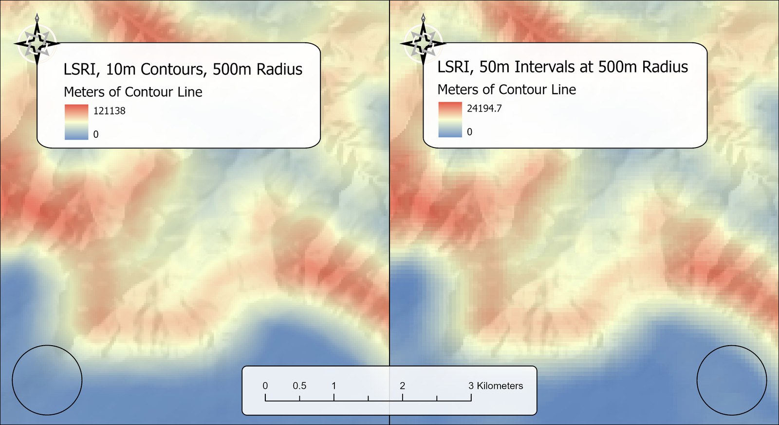 Two LSRI maps of the same stretch of the Grand Canyon side by side, both with a 500-meter radius and both in a blue-to-red ramp over a hillshade, each with a 1-kilometer circle drawn on the map. Left: from all the 10-meter contours, values 0 to 121,138 meters, in fine cells. Right: from the selected 50-meter contours only, values 0 to 24,195 meters, in visibly larger cells. The two maps show the same pattern. A scale bar runs from 0 to 3 kilometers.