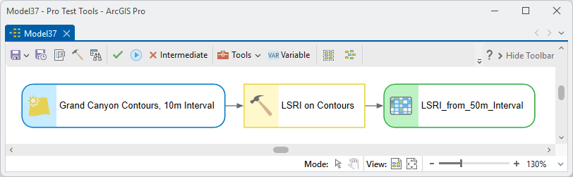 A ModelBuilder diagram: the layer Grand Canyon Contours, 10m Interval feeding LSRI on Contours, producing LSRI_from_50m_Interval