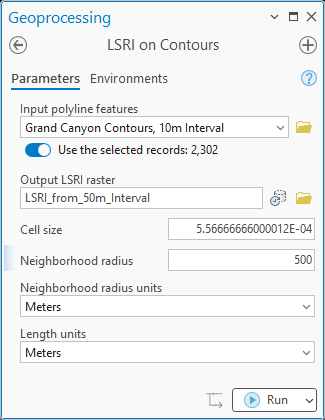 The LSRI on Contours geoprocessing pane: Input polyline features Grand Canyon Contours, 10m Interval, with Use the selected records: 2,302 switched on; Output LSRI raster LSRI_from_50m_Interval; Cell size 5.56666666000012E-04; Neighborhood radius 500; Neighborhood radius units Meters; Length units Meters
