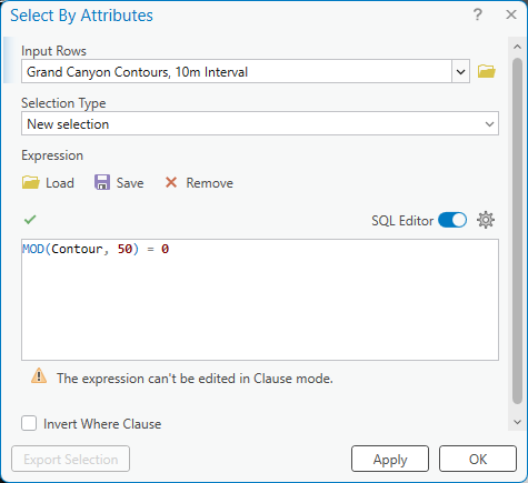 The Select By Attributes dialog with Input Rows set to Grand Canyon Contours, 10m Interval, Selection Type New selection, and the SQL expression MOD(Contour, 50) = 0