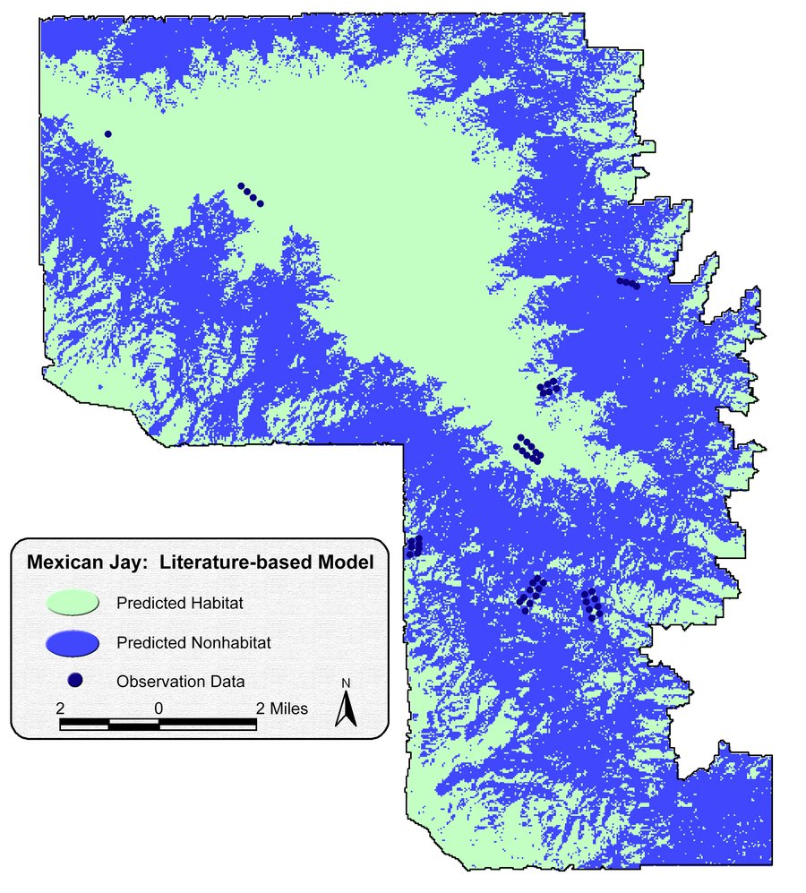 The literature-based Mexican Jay habitat model: predicted habitat and non-habitat across the Pinalenos study area, with the field observation points overlaid