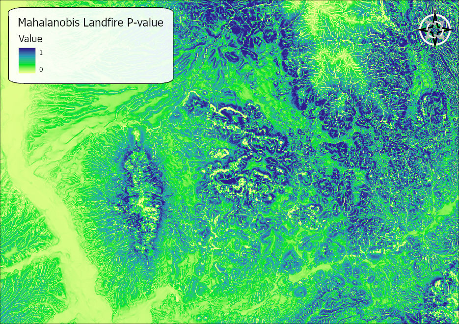 The output p-value surface on a yellow to green to dark blue ramp with a legend running exactly 0 to 1, dark blue terrain most similar to the Evergreen open tree canopy reference conditions