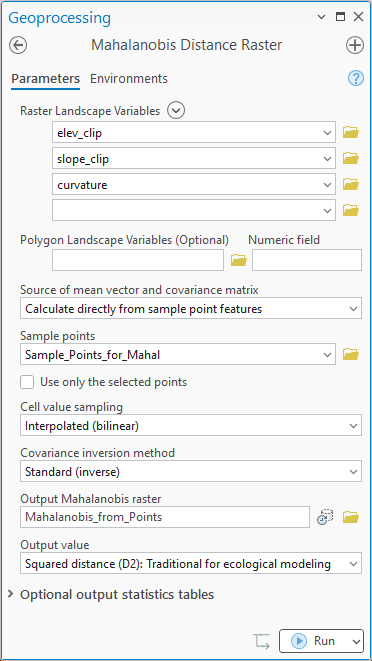 The Mahalanobis Distance Raster pane with elev_clip, slope_clip and curvature as raster variables, statistics calculated directly from the Sample_Points_for_Mahal layer, bilinear sampling, and a squared-distance output