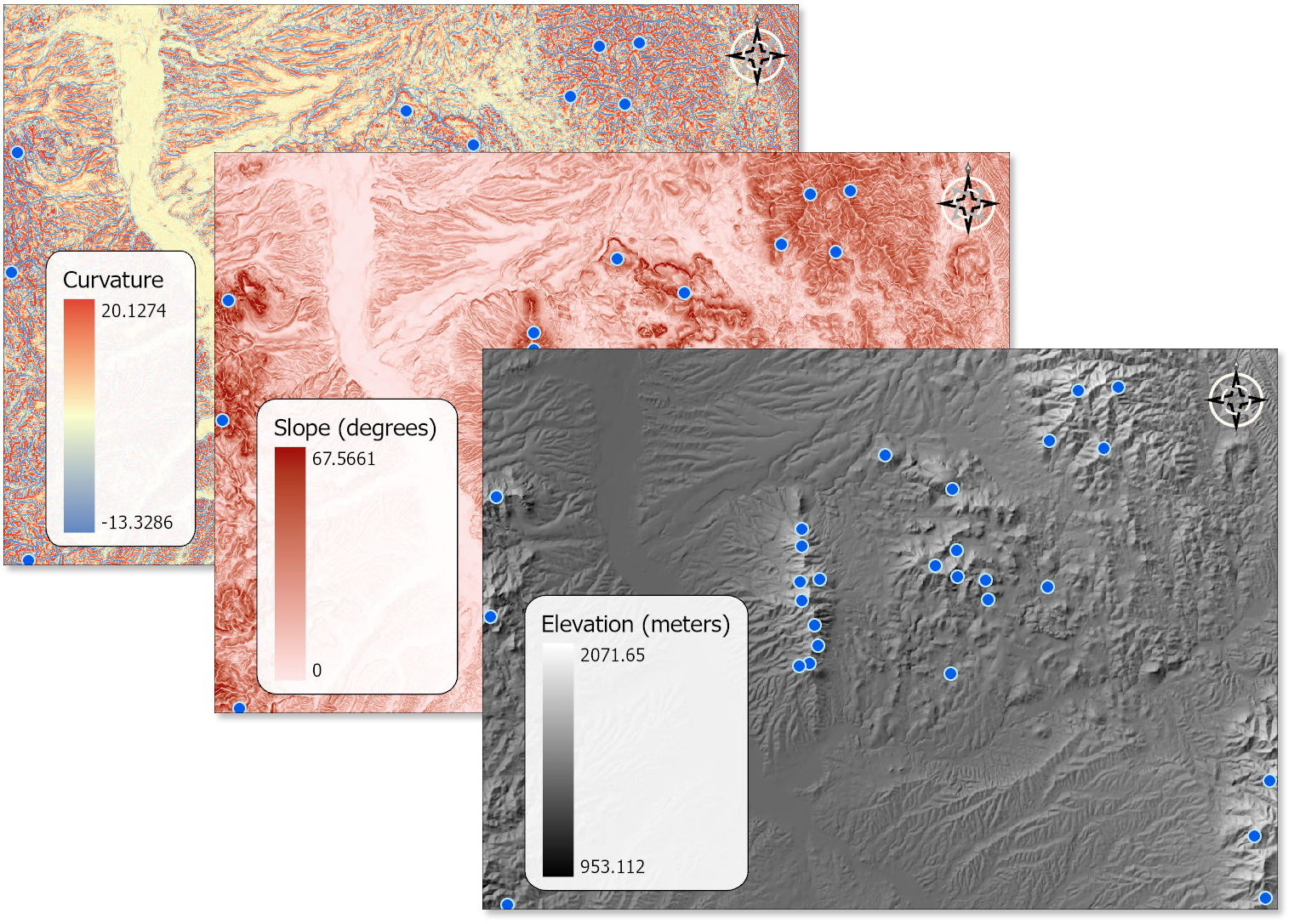 Three stacked map panels of the same landscape, curvature, slope in degrees, and elevation in meters, each overlaid with the same blue animal location points