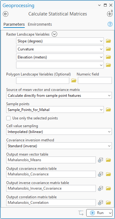 The Calculate Statistical Matrices pane: slope, curvature and elevation as raster landscape variables, statistics calculated directly from the Sample_Points_for_Mahal layer with bilinear sampling, and all four output tables named