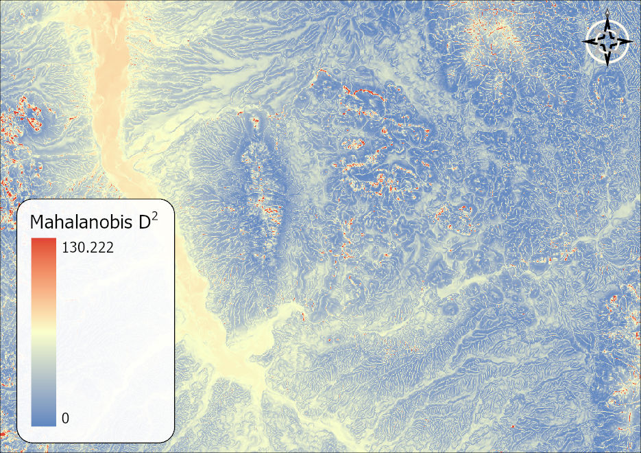The Mahalanobis D-squared surface built from the Evergreen open tree canopy cells, most of the uplands scoring similar in blue, washes and rocky breaks scoring dissimilar
