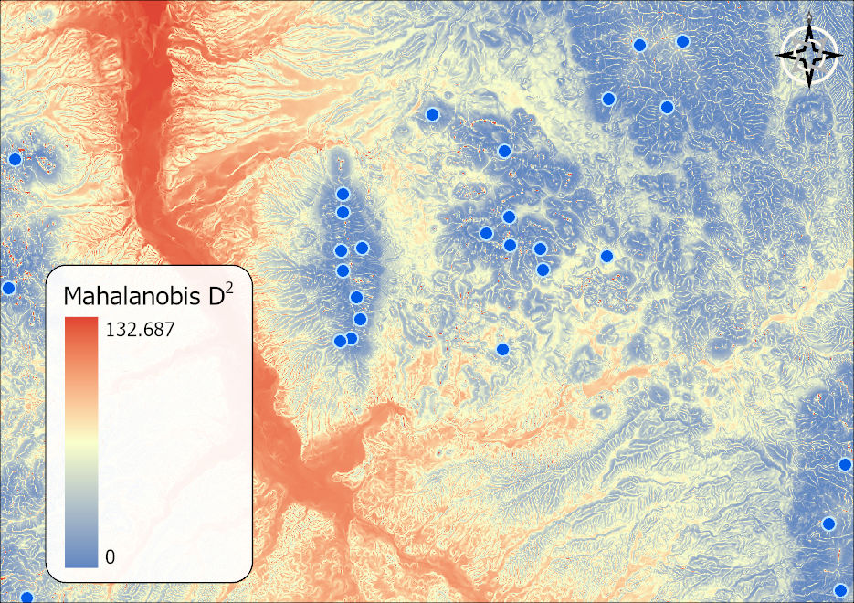 The output Mahalanobis D-squared surface, blue similar terrain enveloping the animal locations, red dissimilar terrain along the canyon bottoms and washes