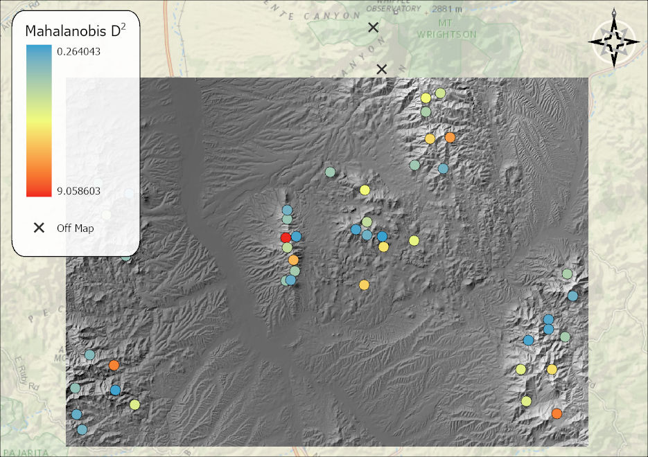 The output points over a hillshaded landscape, colored by their Mahalanobis D-squared values from blue for low through yellow to red for high, with two points beyond the northern edge of the landscape rasters drawn as X markers labeled Off Map
