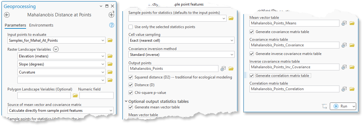 The Mahalanobis Distance at Points pane in three panels: elevation, slope and curvature as raster variables with statistics calculated directly from sample point features; the statistics-points override left empty with exact cell sampling; and all three output value checkboxes checked with the four optional statistics tables enabled