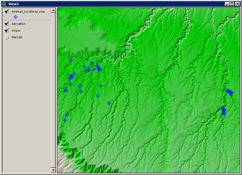 A hillshaded terrain map with a cluster of blue animal location points along a drainage