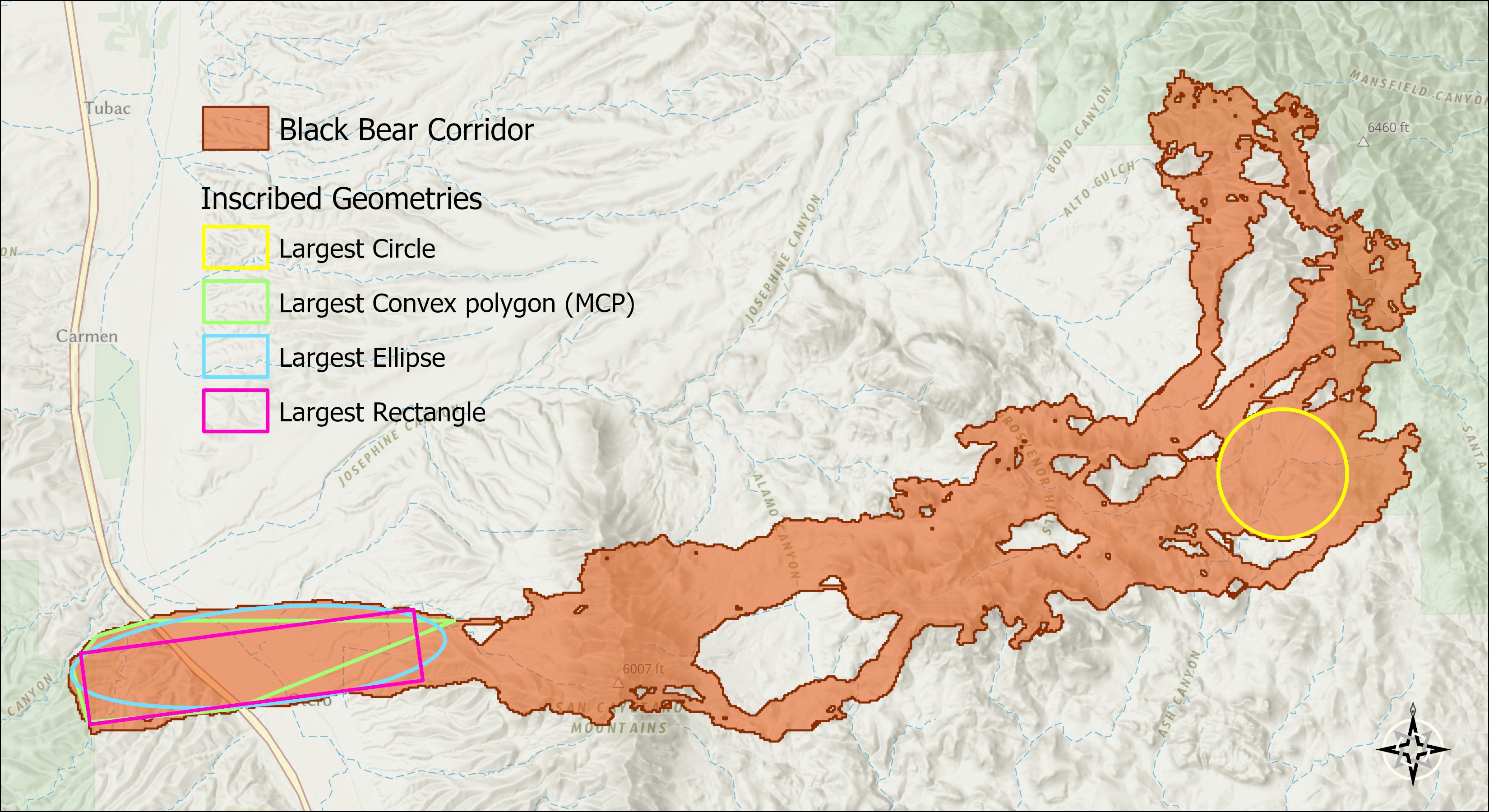 A modeled black bear movement corridor in southern Arizona, an irregular orange polygon full of interior holes, with its four inscribed shapes drawn: a yellow circle in the broad northeastern lobe, and a magenta rectangle, blue ellipse, and green convex polygon overlapping each other in the long straight southwestern arm near Tubac