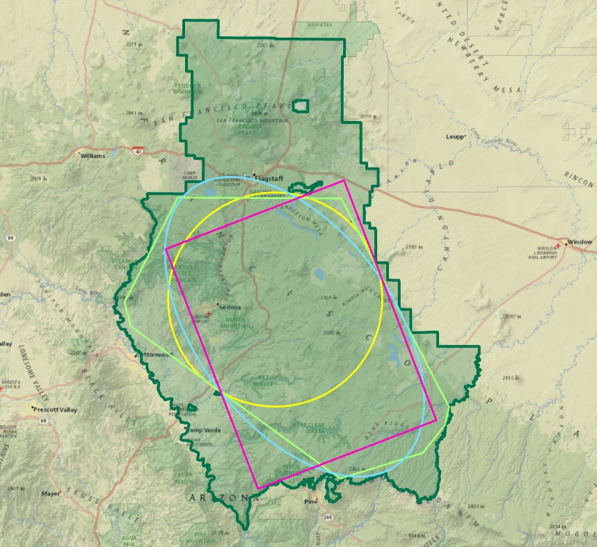 The Coconino National Forest boundary with all four inscribed shapes drawn together: a yellow circle, green convex polygon, blue ellipse, and magenta rectangle, all overlapping across the forest's broad central country between Sedona and Flagstaff