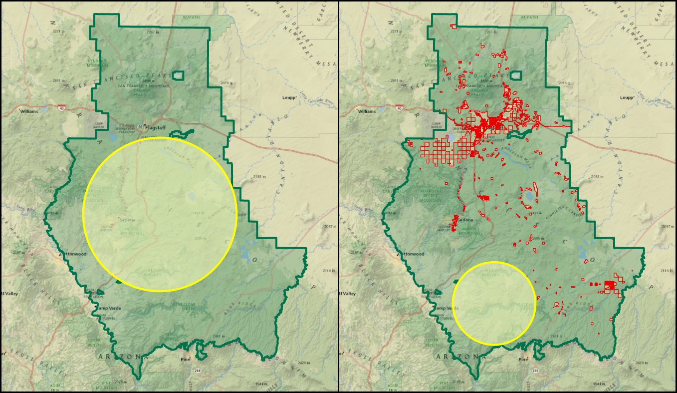 Two maps of the Coconino National Forest side by side. On the left, a large yellow inscribed circle spans the country between Sedona and Flagstaff. On the right, hundreds of small red private-inholding parcels are drawn inside the forest boundary and the inscribed circle is far smaller, relocated south to the West Clear Creek area