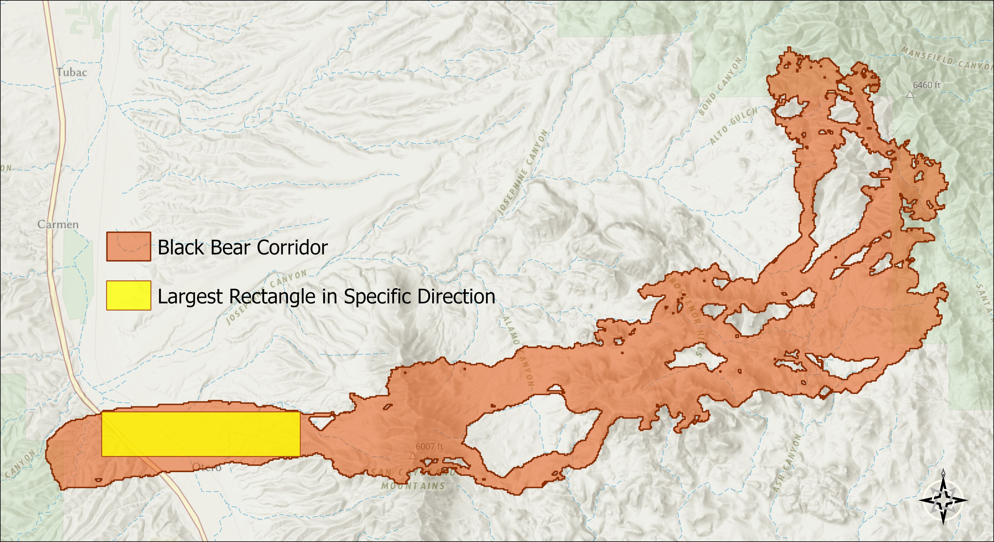 The same black bear corridor polygon with a single yellow rectangle inscribed in the southwestern arm, held exactly east-west rather than tilted along the arm