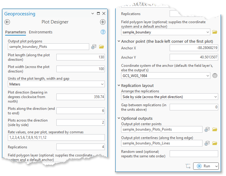 The Plot Designer geoprocessing tool in the Geoprocessing pane, shown in two columns, with the window's settings filled in: the output, the plot size and units, the bearing, the plot counts and rates, the replications, the field layer, the anchor X and Y with GCS_WGS_1984 as their coordinate system, the replication layout, the center point and centerline outputs and the random seed