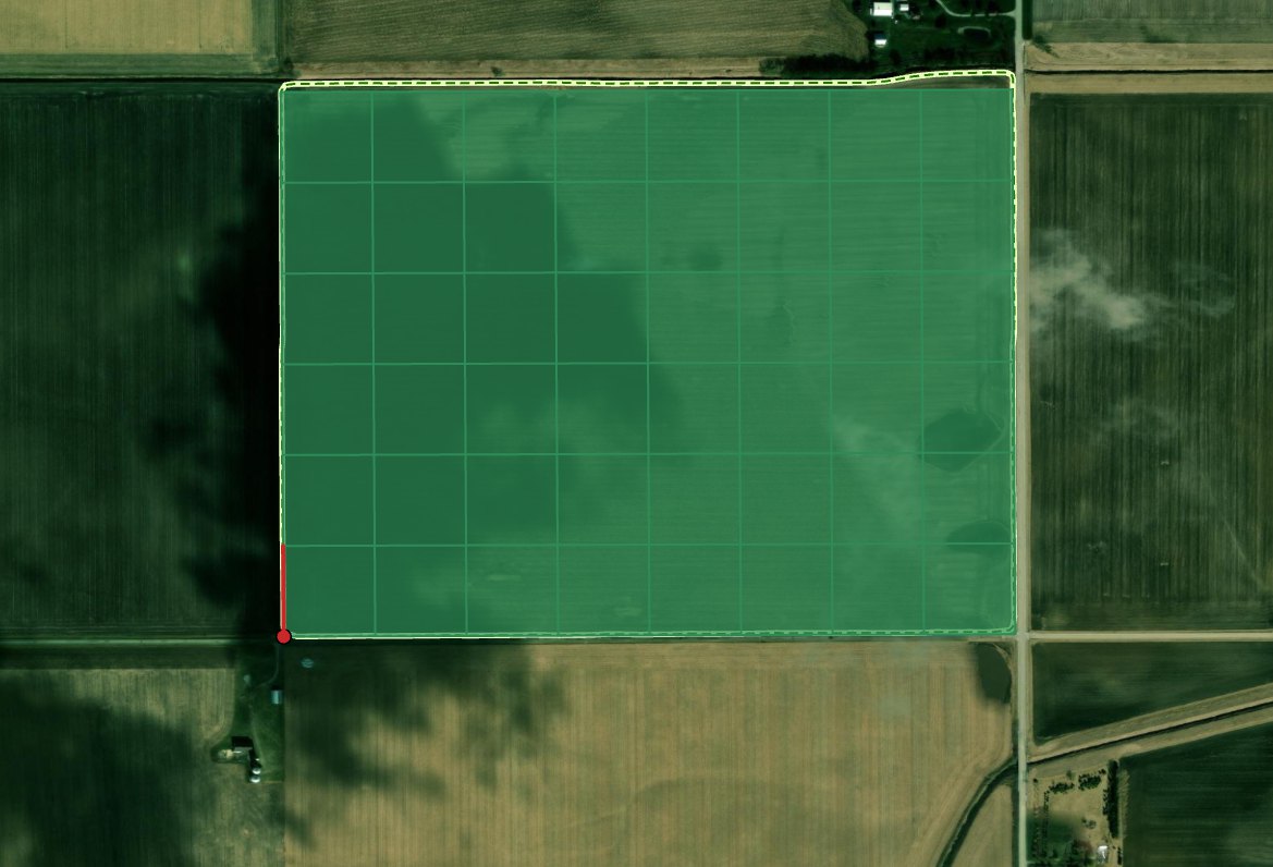 The aerial photograph of the field with the preview overlay: a block of 48 translucent green plot rectangles filling the field, a red dot at the southwest corner and a red line running north from it along the western edge