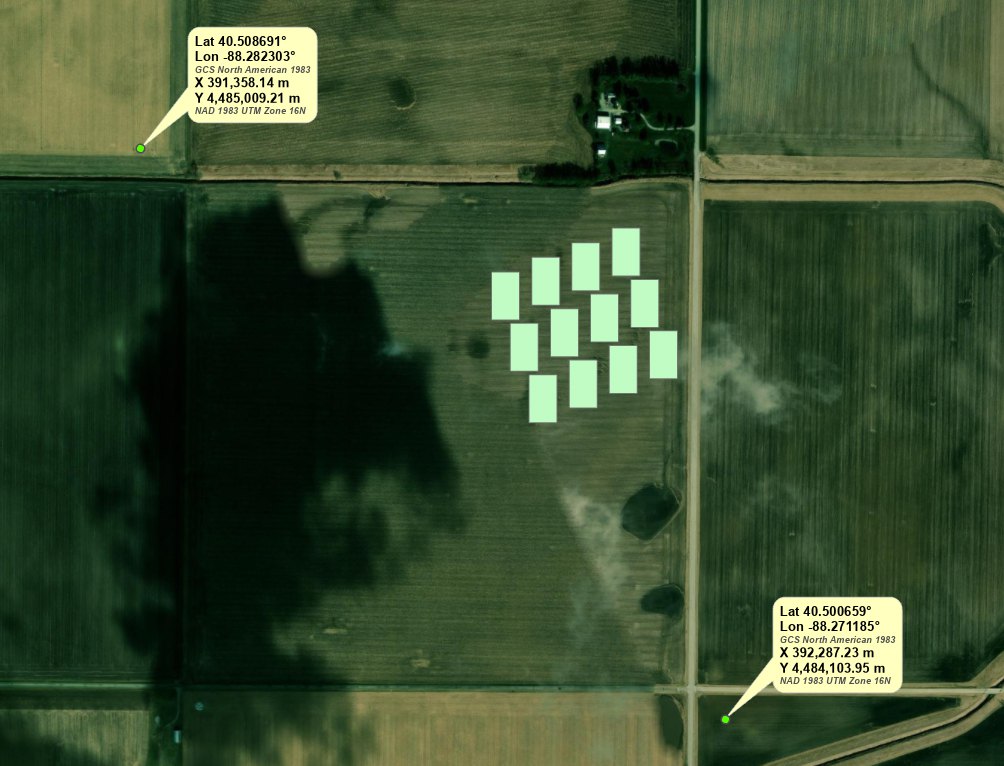 An aerial photograph of a field with two pale yellow balloon callouts at its northwest and southeast corners, each listing latitude, longitude, the geographic coordinate system's name, the UTM X and Y and the projected coordinate system's name, with a green marker at each clicked point