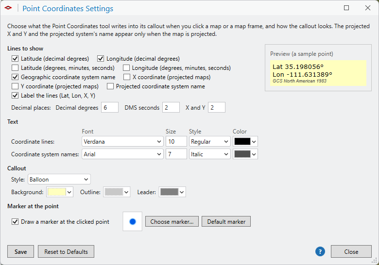 The Point Coordinates Settings window with only latitude, longitude and the geographic coordinate system's name checked, Verdana Regular for the coordinate lines, and a blue marker in the marker swatch; the preview shows the shorter callout