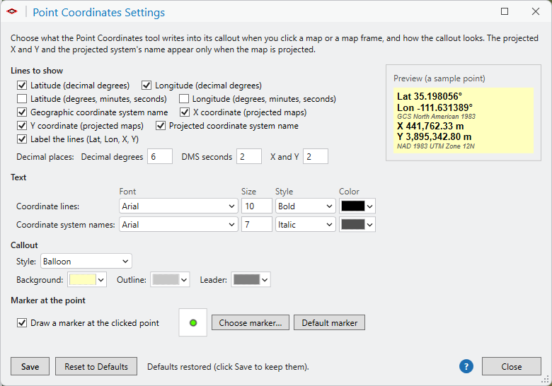 The Point Coordinates Settings window at its factory defaults: every line checked, 6 decimal places for decimal degrees, 2 for DMS seconds and for X and Y, bold Arial coordinates over italic Arial names, a balloon callout, the green default marker, and the preview of a sample point's callout