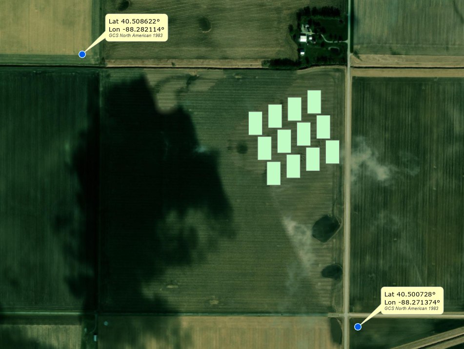 The same field with two smaller balloon callouts listing only latitude, longitude and the geographic coordinate system's name in Verdana, with blue circle markers at the clicked points