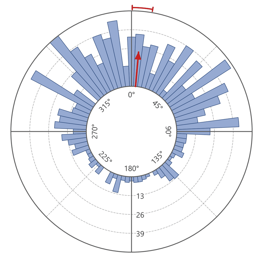 An External Bins plot: blue rose wedges rising outward from an inner circle that holds the degree labels, longest between the northwest and the east, with the red mean-direction arrow and confidence arc
