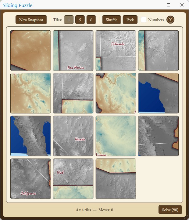 The Sliding Puzzle window: fifteen square tiles cut from the middle of the Arizona map, scrambled, with the bottom right space empty. New Snapshot, Tiles 4, 5 and 6, Shuffle, Peek, a Numbers check box and a help button across the top; 4 x 4 tiles, Moves: 0 and a Solve (90) button along the bottom