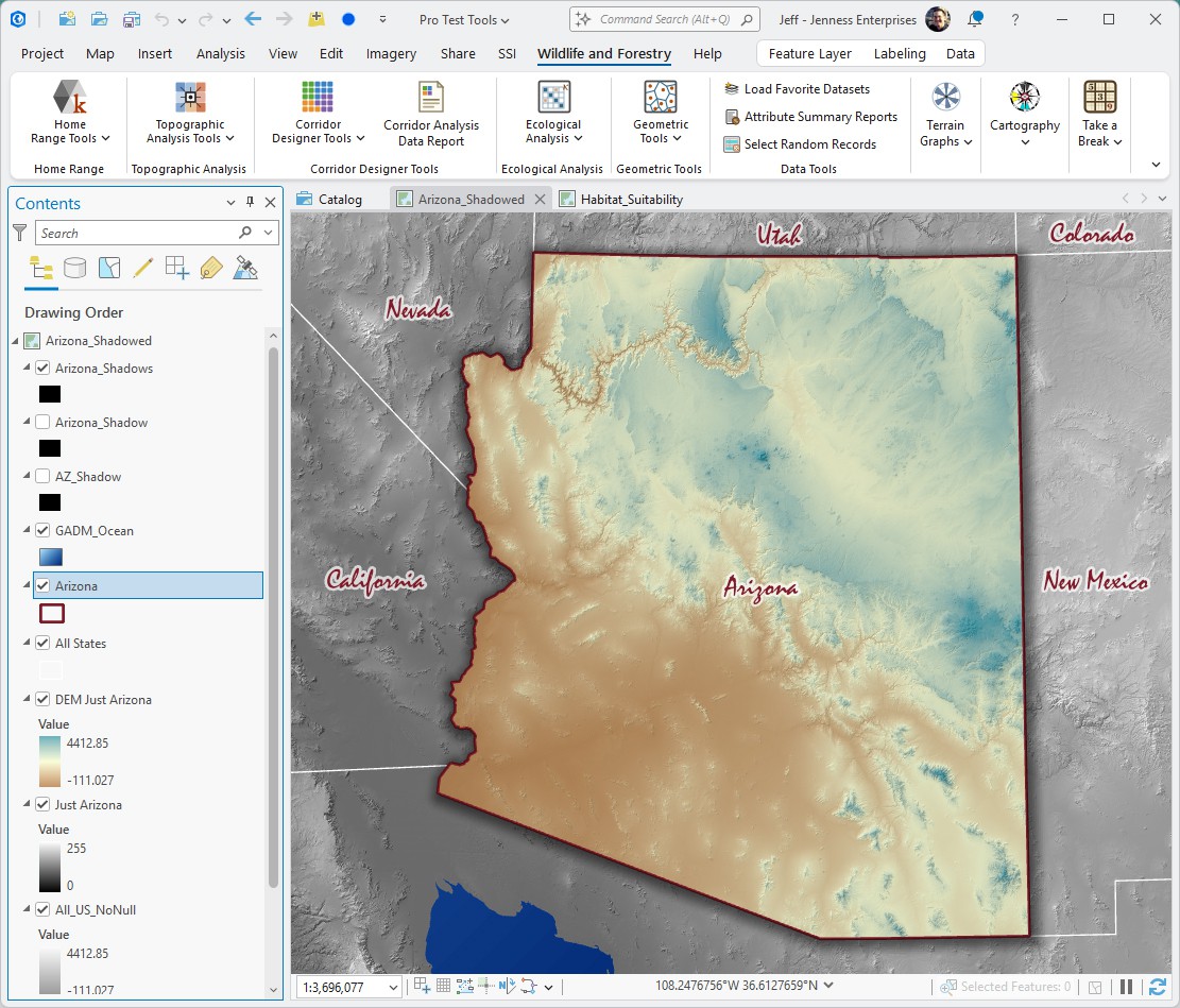 ArcGIS Pro with a map of Arizona in the map view: the state in a hypsometric tint from tan lowlands to blue-green highlands, outlined in dark red with a soft shadow, the neighboring states in gray hillshade with their names in a red script, and the Gulf of California in blue at the bottom