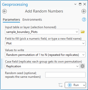 The Add Random Numbers dialog: input sample_boundary_Plots, field Plot, values Random permutation of 1 to N (repeated for replicates), case field Replication, no seed