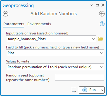 The Add Random Numbers dialog with field Plot and values Random permutation of 1 to N (each record unique); the case field is not shown
