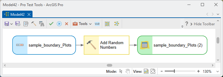 A ModelBuilder diagram: the sample_boundary_Plots layer, the Add Random Numbers tool, and the updated sample_boundary_Plots (2) output