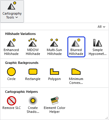 The Cartography Tools gallery open on the ribbon, with the Blurred Hillshade button, in the Hillshade Variations row, outlined in blue
