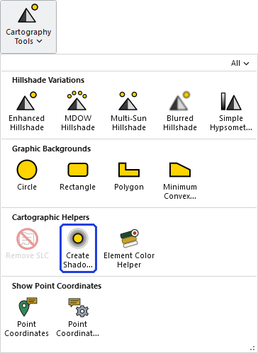 The Cartography Tools gallery open on the ribbon, with the Create Shadow Polygons button, in the Cartographic Helpers row, outlined in blue
