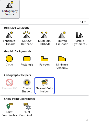 The Cartography Tools gallery open on the ribbon, with the Element Color Helper button, in the Cartographic Helpers row, outlined in blue