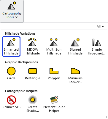 The Cartography Tools gallery open on the ribbon, with the Enhanced Hillshade button, in the Hillshade Variations row, outlined in blue