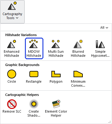 The Cartography Tools gallery open on the ribbon, with the MDOW Hillshade button, in the Hillshade Variations row, outlined in blue