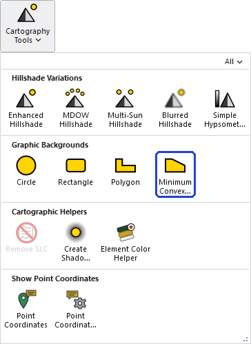 The Cartography Tools gallery open on the ribbon, with the Minimum Convex Polygon button, in the Graphic Backgrounds row, outlined in blue