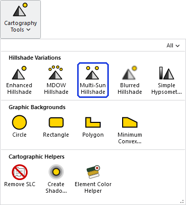 The Cartography Tools gallery open on the ribbon, with the Multi-Sun Hillshade button, in the Hillshade Variations row, outlined in blue